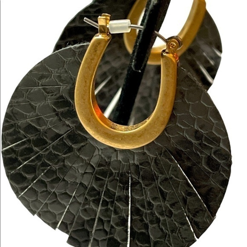 Massini Boho Chic Faux Leather Gray Black Gold tone Fork closure earrings